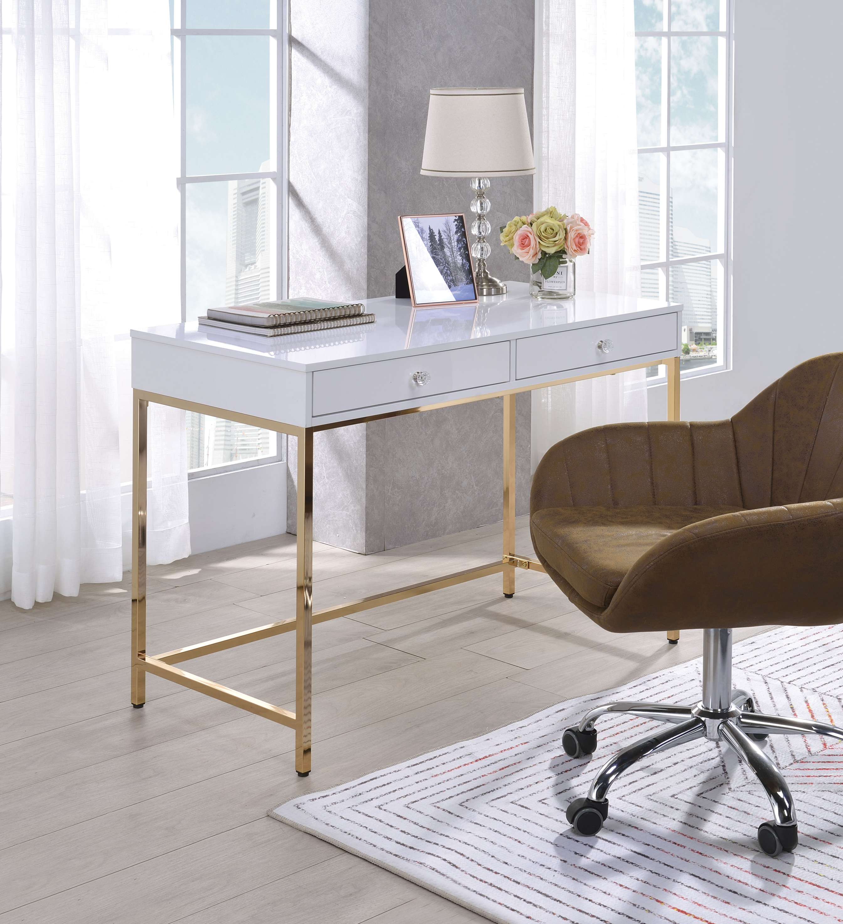 Two Drawers Wooden Desk With Tubular Metal Base White And Gold By Benzara White and Gold Modish Store