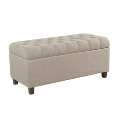 Fabric Upholstered Button Tufted Wooden Bench With Hinged Storage, Beige And Brown By Benzara