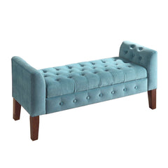 Velvet Upholstered Button Tufted Wooden Bench Settee With Hinged Storage, Teal Blue And Brown By Benzara