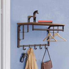 Wood And Metal Frame Coat Rack With 5 Removable Hooks, Brown And Black By Benzara