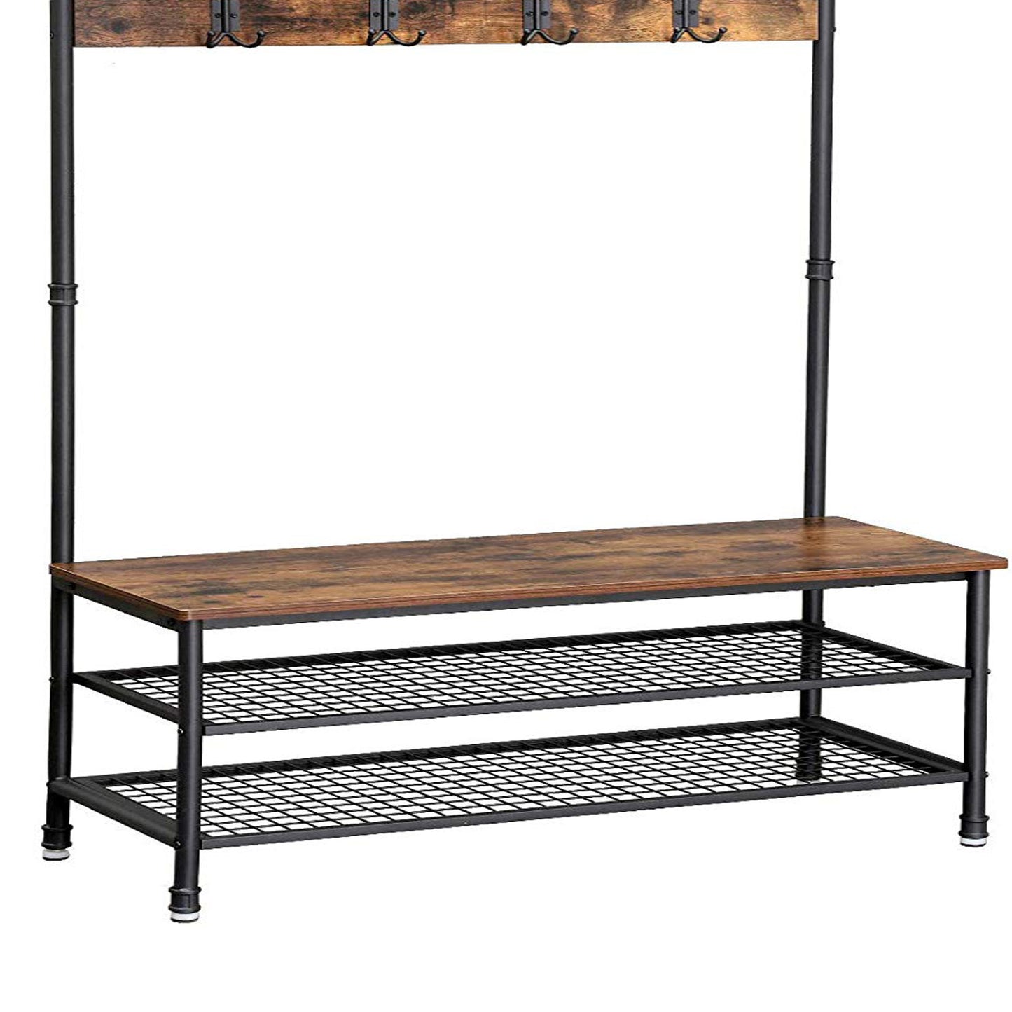 Metal Coat Rack With Wooden Bench And Two Wire Meshed Shelves, Brown And Black By Benzara | Coat Racks | Modishstore - 4