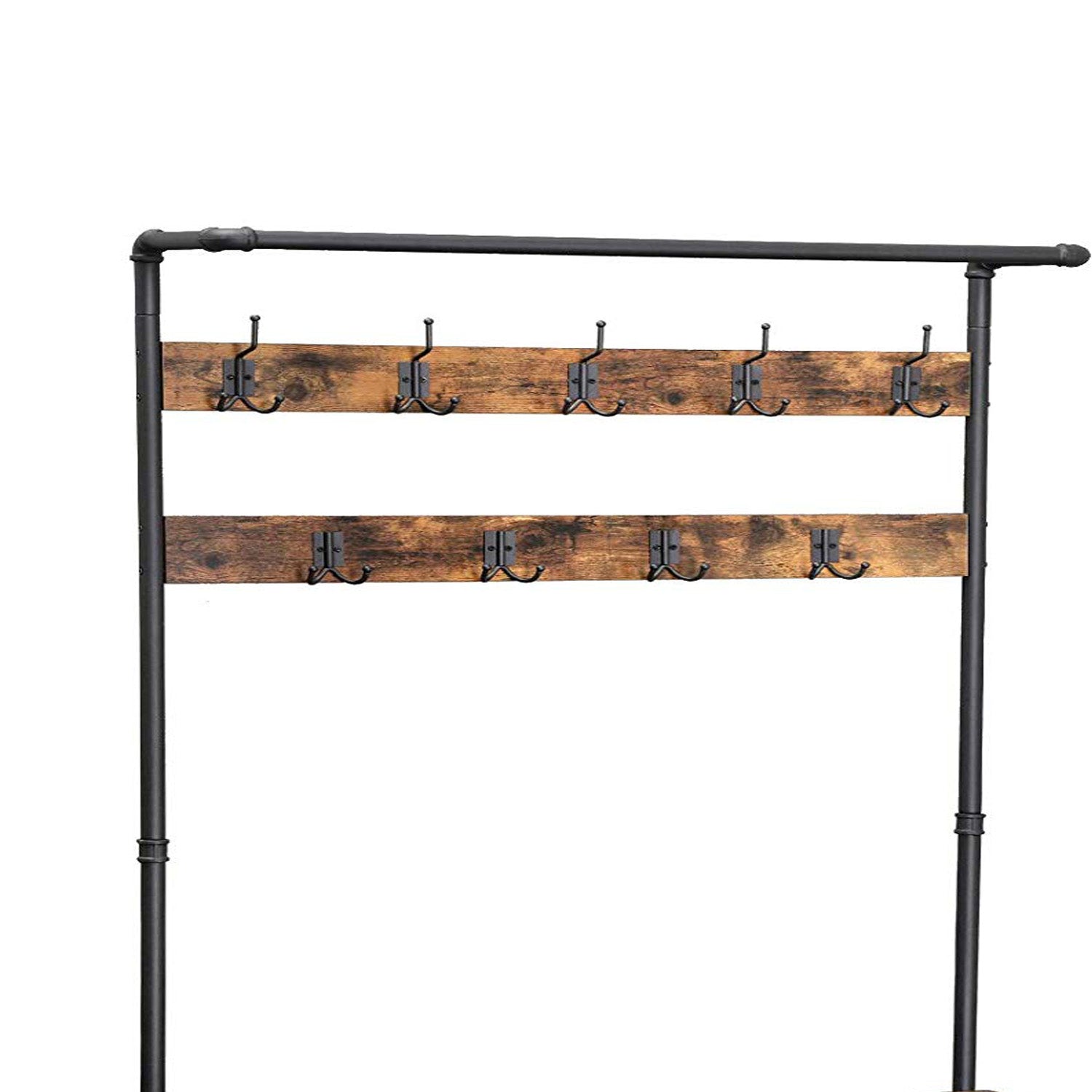 Metal Coat Rack With Wooden Bench And Two Wire Meshed Shelves, Brown And Black By Benzara | Coat Racks | Modishstore - 5