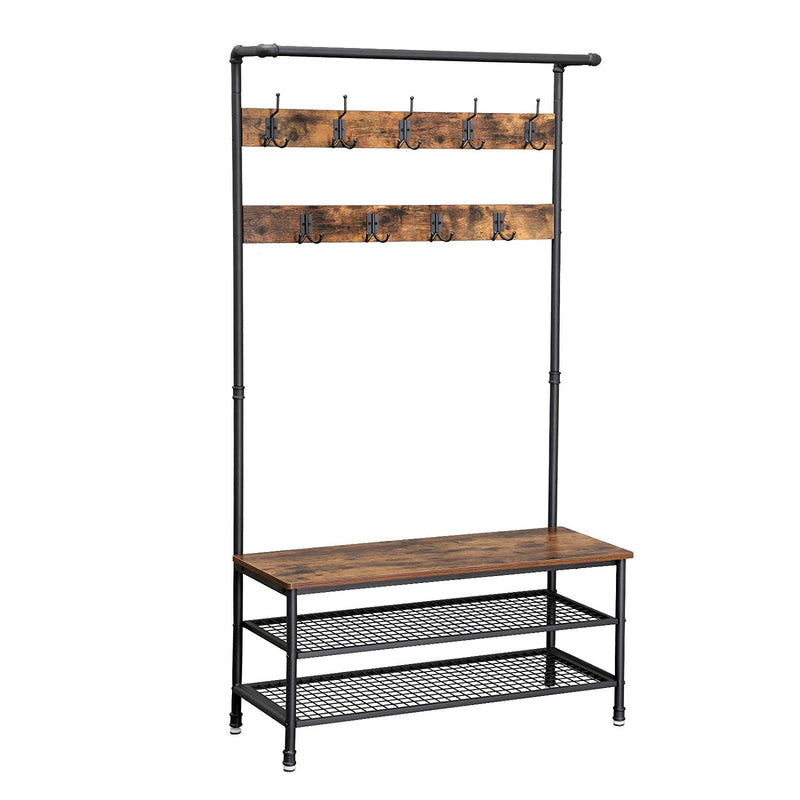 Metal Coat Rack With Wooden Bench And Two Wire Meshed Shelves, Brown And Black By Benzara | Coat Racks | Modishstore