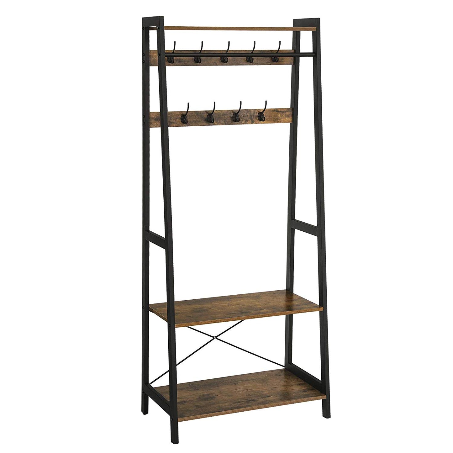 Iron Framed Coat Rack With Two Storage Shelves And Hanging Rail, Brown And Black By Benzara | Coat Racks |  Modishstore 