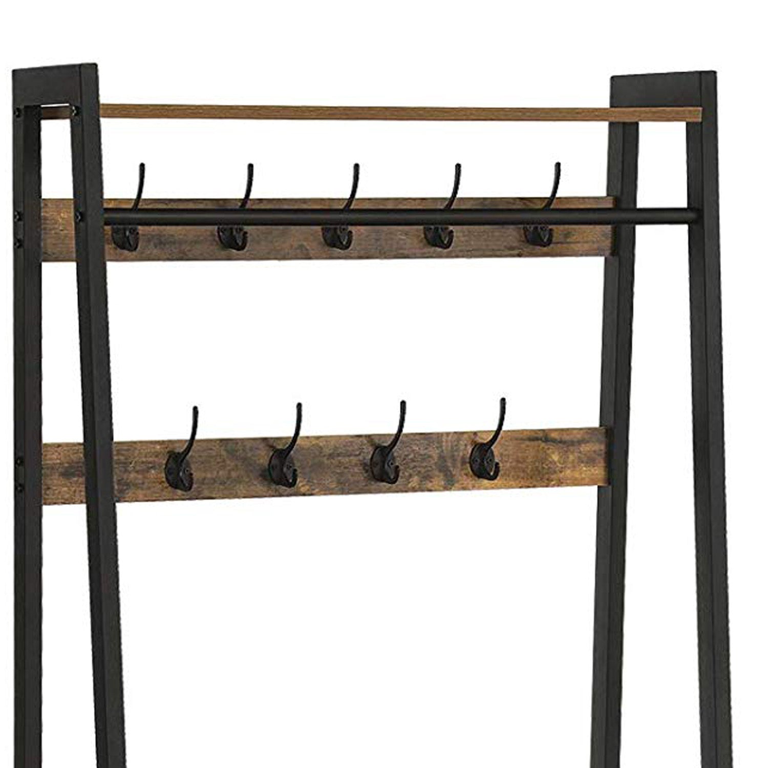 Iron Framed Coat Rack With Two Storage Shelves And Hanging Rail, Brown And Black By Benzara | Coat Racks |  Modishstore  - 5