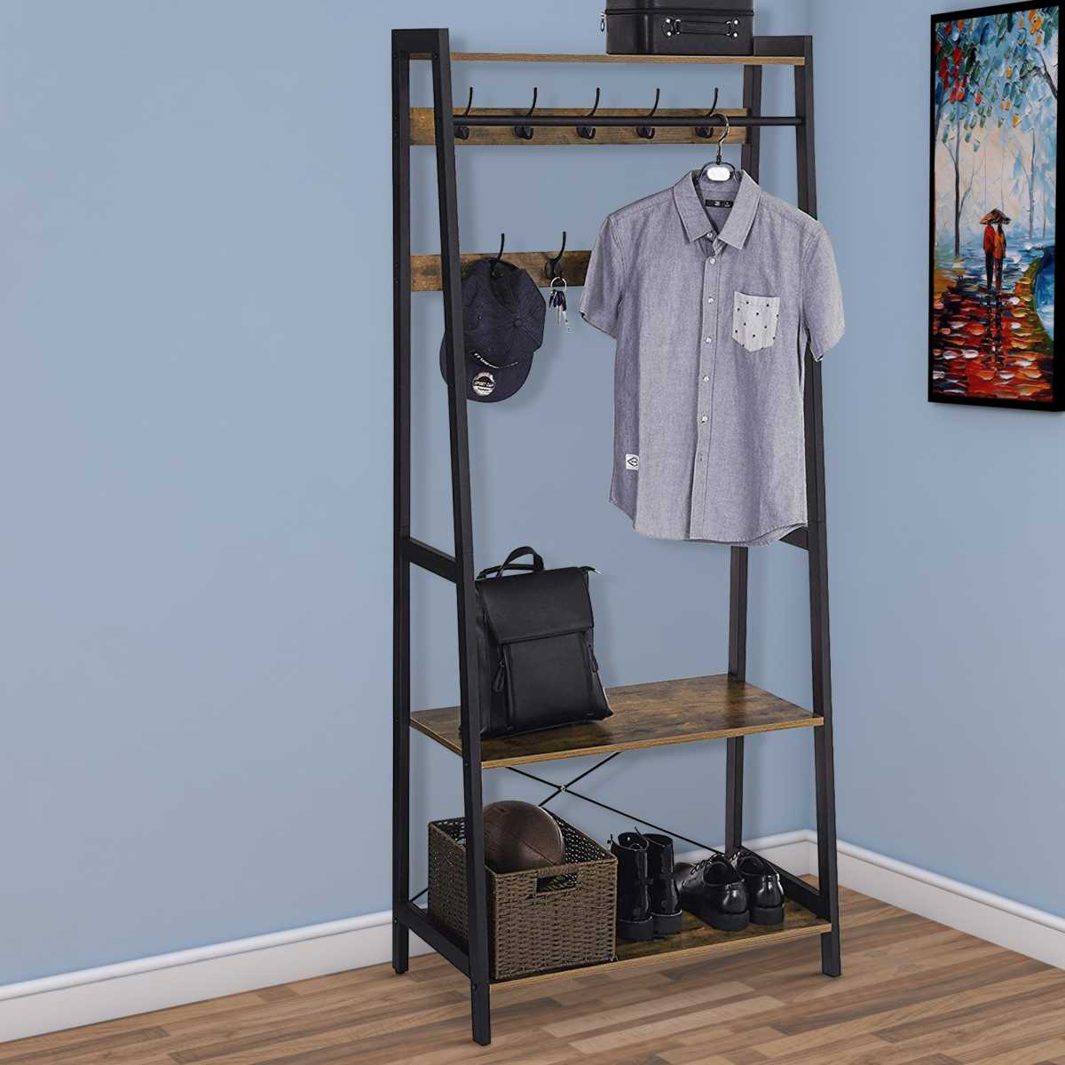 Iron Framed Coat Rack With Two Storage Shelves And Hanging Rail, Brown And Black By Benzara | Coat Racks |  Modishstore  - 2