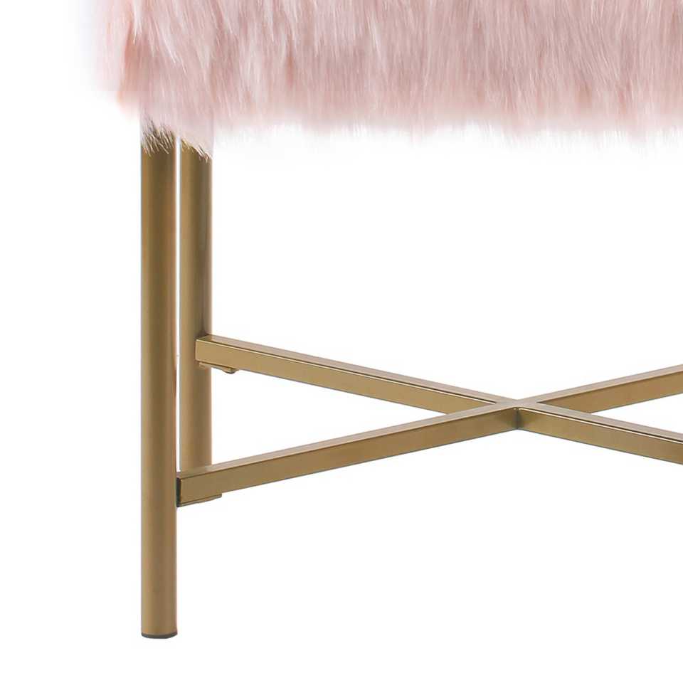 Square Faux Fur Upholstered Ottoman With Tubular Metal Legs And X Shape Base, Pink And Gold By Benzara | Ottomans |  Modishstore  - 3