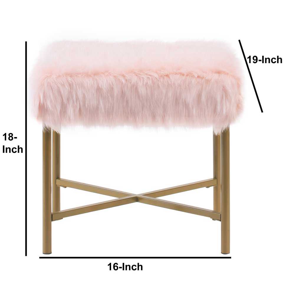 Square Faux Fur Upholstered Ottoman With Tubular Metal Legs And X Shape Base, Pink And Gold By Benzara | Ottomans |  Modishstore  - 5