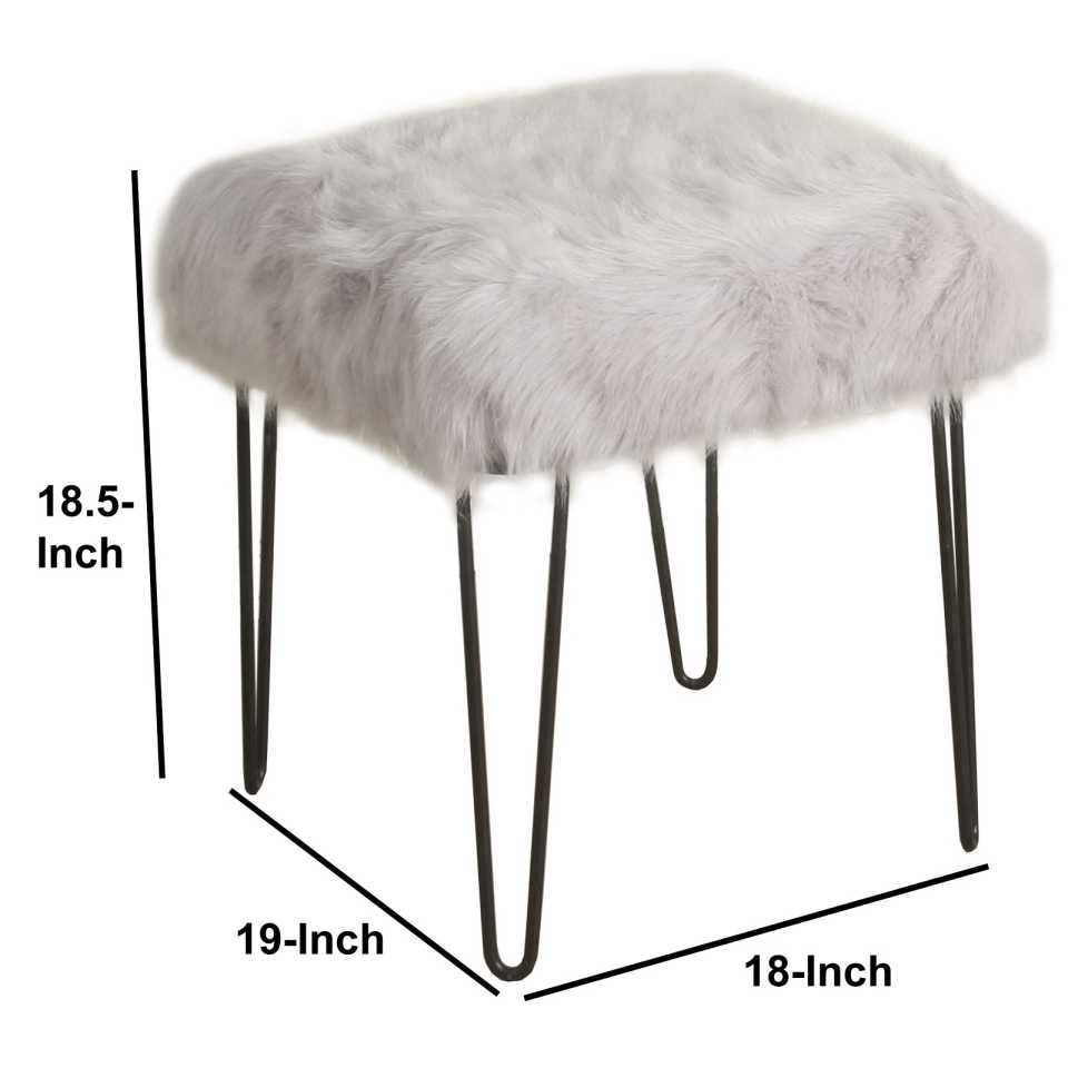 Metal Framed Stool With Faux Fur Upholstered Seat And Hairpin Legs, Gray And Black By Benzara | Stools |  Modishstore  - 2