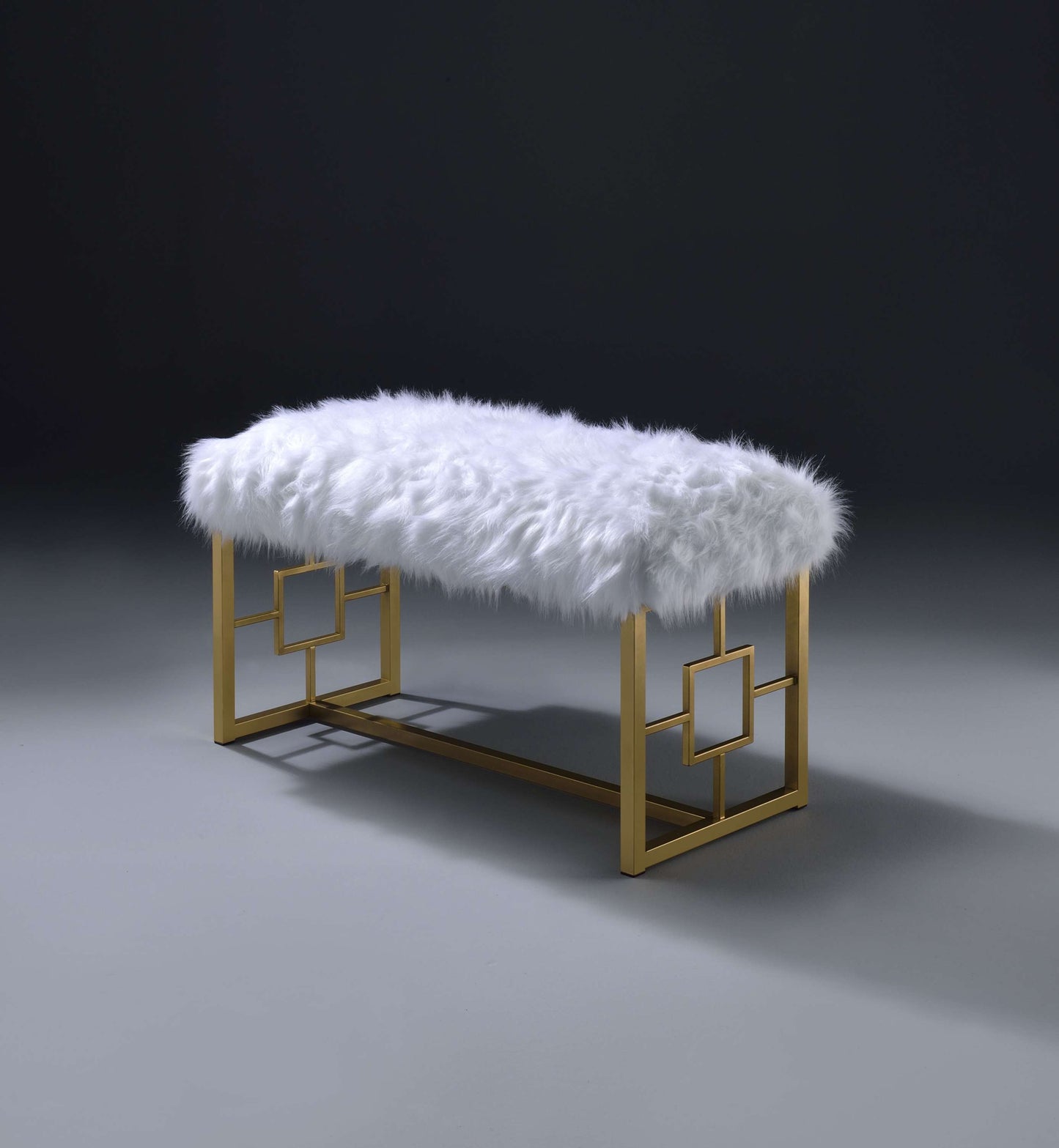 Modern Style Faux Fur Upholstered Bench With Geometrical Side Panels, White And Gold By Benzara | Benches |  Modishstore 