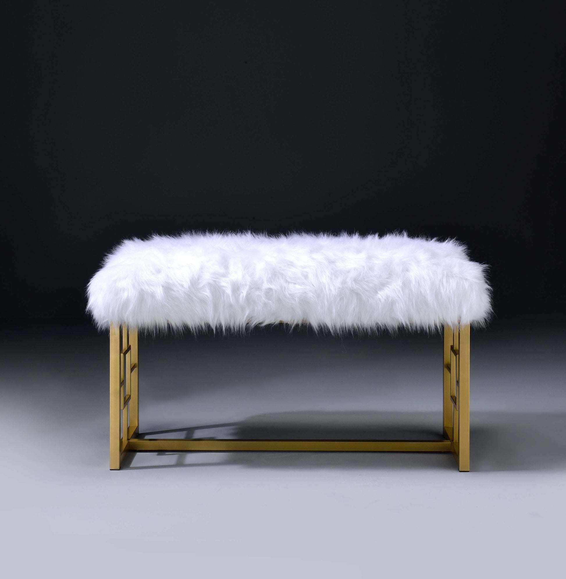 Modern Style Faux Fur Upholstered Bench With Geometrical Side Panels, White And Gold By Benzara | Benches |  Modishstore  - 3