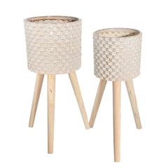 Textured Ceramic Planter With Tripod Legs, Set Of 2, Cream And Brown By Benzara