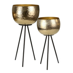 Hammered Textured Metal Bowl Planters On Tripod Base, Set Of 2, Gold And Black By Benzara