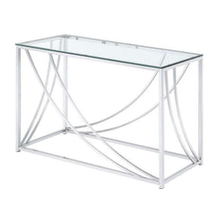 Glass Top Rectangular Sofa Table With Swooping  Curves, Clear And Silver By Benzara