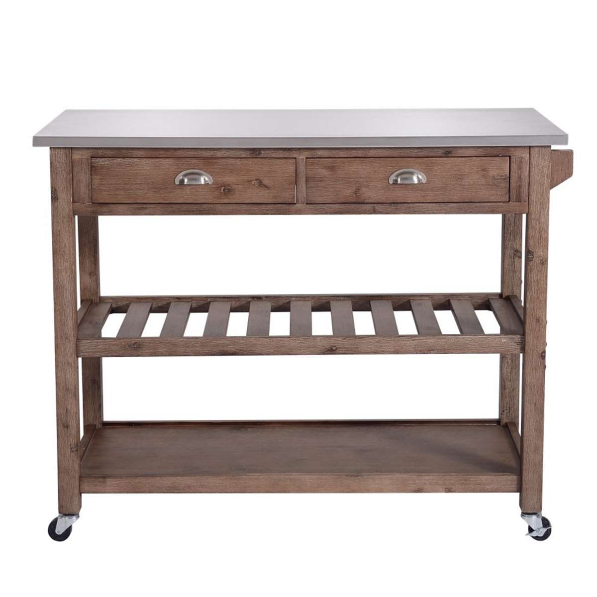 2 Drawers Wooden Kitchen Cart With Metal Top And Casters, Gray And Brown By Benzara | Bar Carts |  Modishstore 