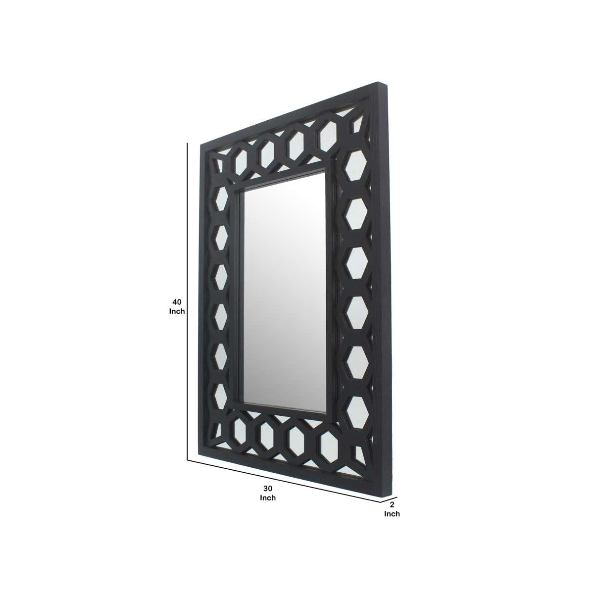 Rectangular Wooden Dressing Mirror With Lattice Pattern Design, Black By Benzara | Mirrors |  Modishstore  - 5