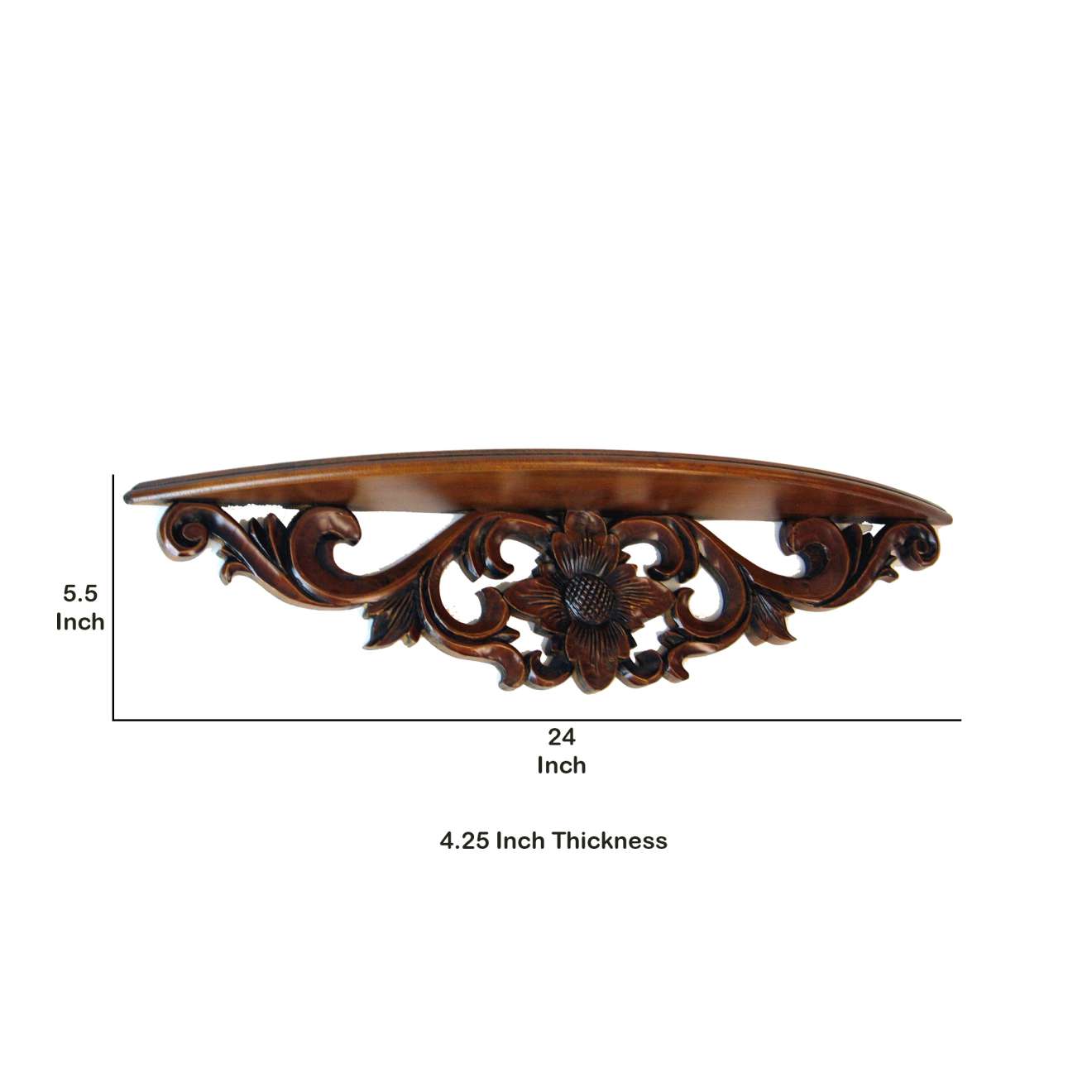 Hand Carved Wooden Floating Wall Shelf In Floral Design, Brown By Benzara | Wall Shelf |  Modishstore  - 2