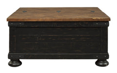 Square Wooden Lift Top Cocktail Table With Trunk Storage, Brown And Black By Benzara