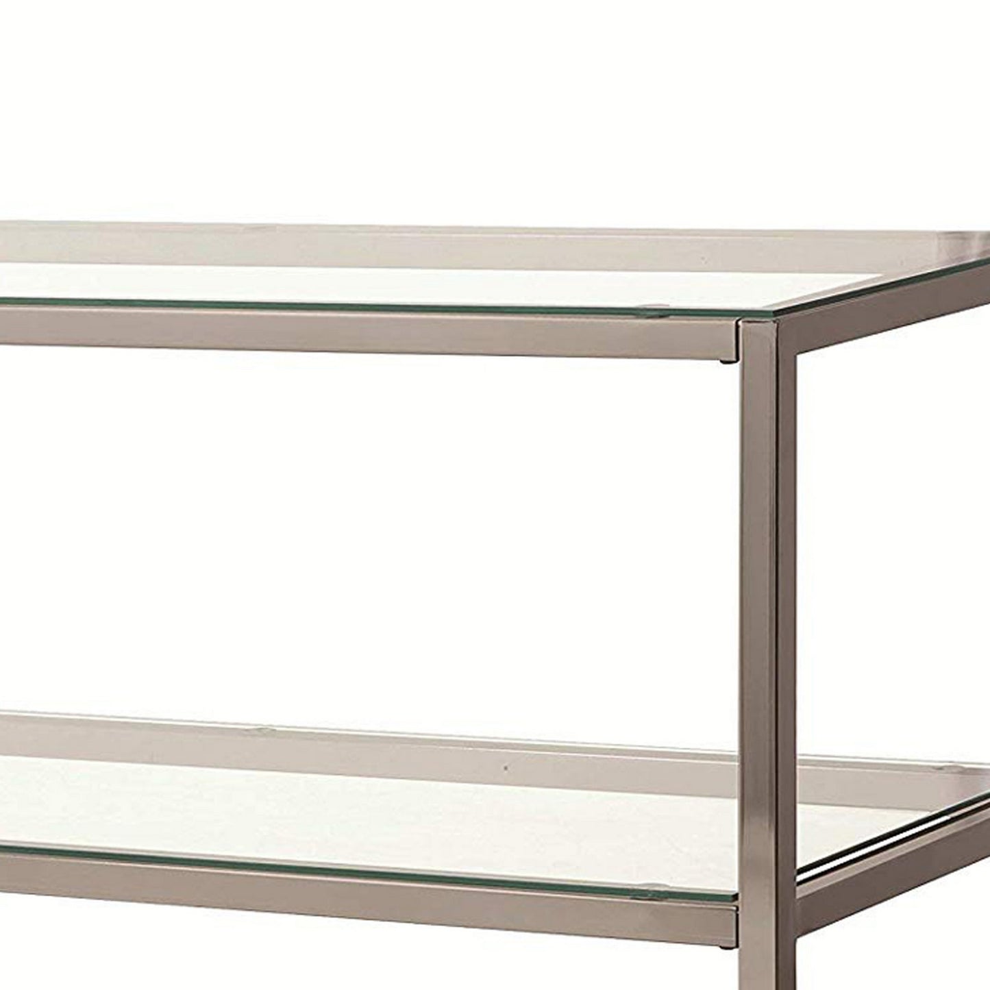 Glass And Metal Frame Sofa Table With 2 Open Shelves, Silver And Clear By Benzara | End Tables | Modishstore - 2