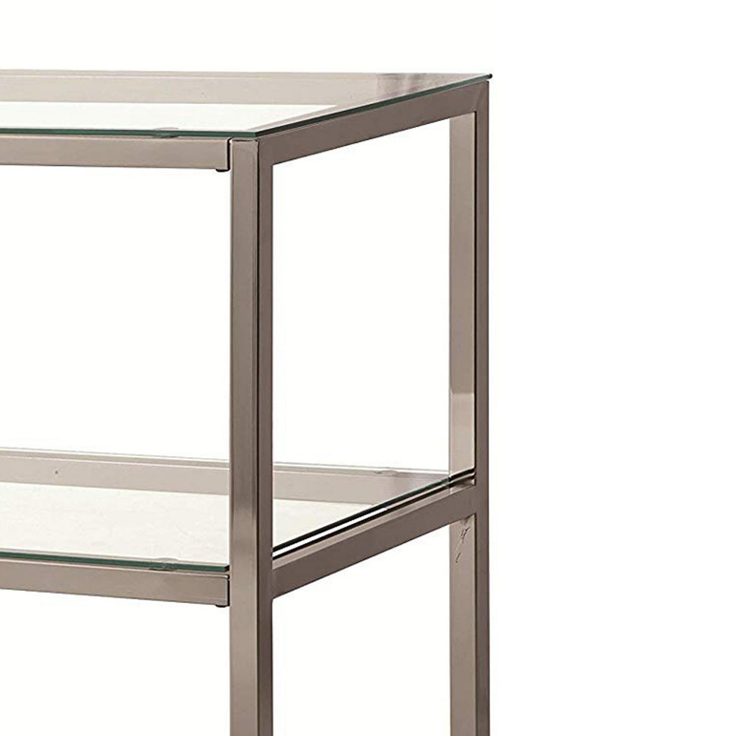 Glass And Metal Frame Sofa Table With 2 Open Shelves, Silver And Clear By Benzara | End Tables | Modishstore - 3