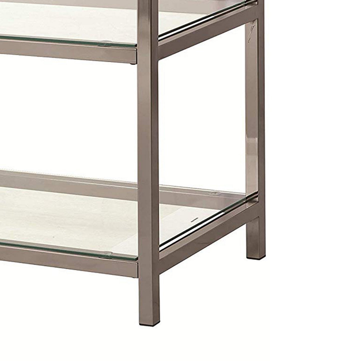 Glass And Metal Frame Sofa Table With 2 Open Shelves, Silver And Clear By Benzara | End Tables | Modishstore - 4