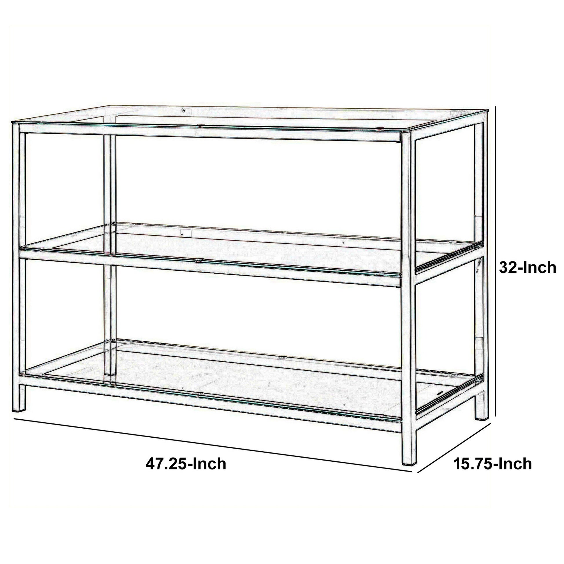 Glass And Metal Frame Sofa Table With 2 Open Shelves, Silver And Clear By Benzara | End Tables | Modishstore - 5