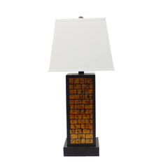 Rectangular Metal Frame Table Lamp With Brick Pattern, White And Orange By Benzara