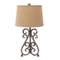 Metal Table Lamp With Scroll Design Base And 2 Way Switch,Bronze And Beige By Benzara