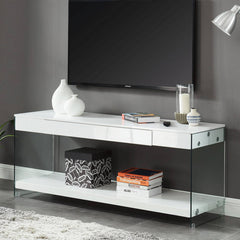 Contemporary Style Plastic Tv Stand With Glass Side Panels, White By Benzara