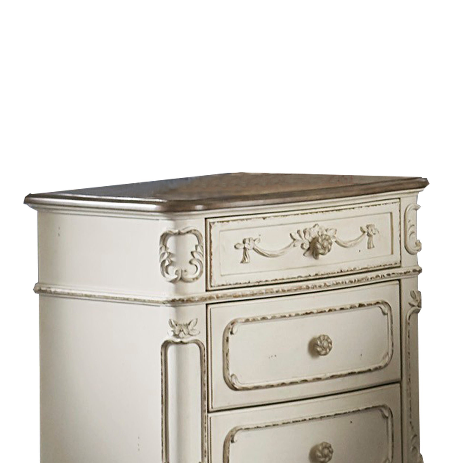 3 Drawer Nightstand With Floral Motif Carving Details, Antique White And Brown By Benzara | Nightstands | Modishstore - 2