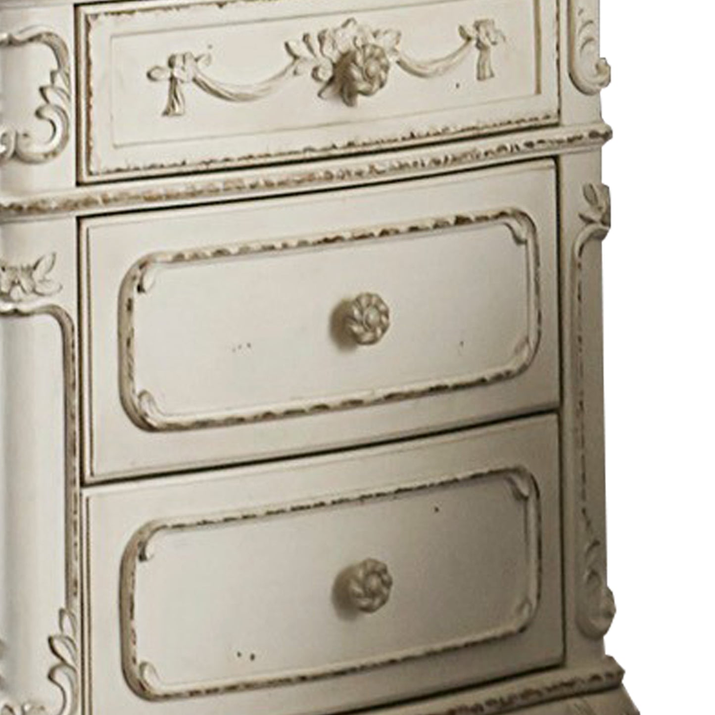 3 Drawer Nightstand With Floral Motif Carving Details, Antique White And Brown By Benzara | Nightstands | Modishstore - 3