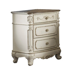 3 Drawer Nightstand With Floral Motif Carving Details, Antique White And Brown By Benzara