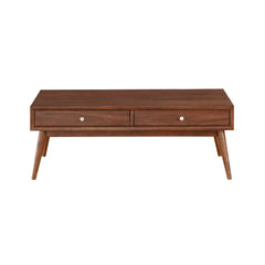 2 Drawer Wooden Coffee Table With Splayed Legs, Walnut Brown By Benzara