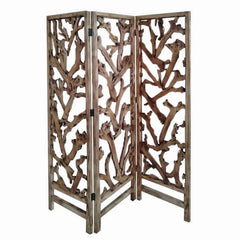 3 Panel Wooden Screen With Mulberry Alpine Like Branches Design, Brown By Benzara