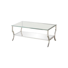 Glass Top Coffee Table With Metal Frame And Mirror Shelf, Chrome By Benzara