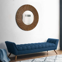 Transitional Sunburst Round Mirror With Wooden Frame, Brown By Benzara