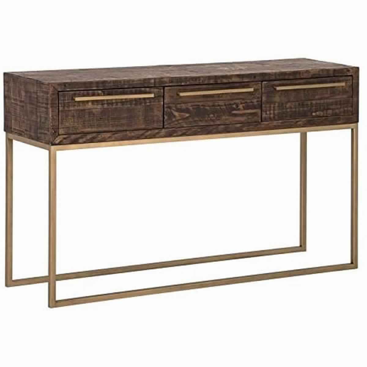 Wooden Sofa Table With 3 Storage Drawers And Metal Base, Brown And Gold By Benzara | Console Tables | Modishstore - 2