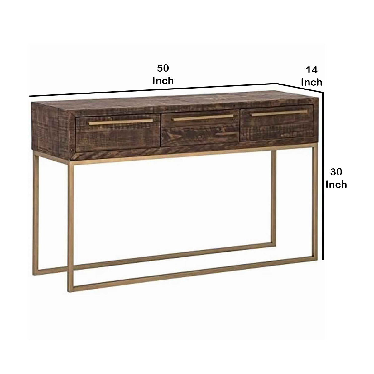 Wooden Sofa Table With 3 Storage Drawers And Metal Base, Brown And Gold By Benzara | Console Tables | Modishstore - 6