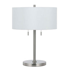 Metal Body Table Lamp With Fabric Drum Shade And Pull Chain Switch, Silver By Benzara