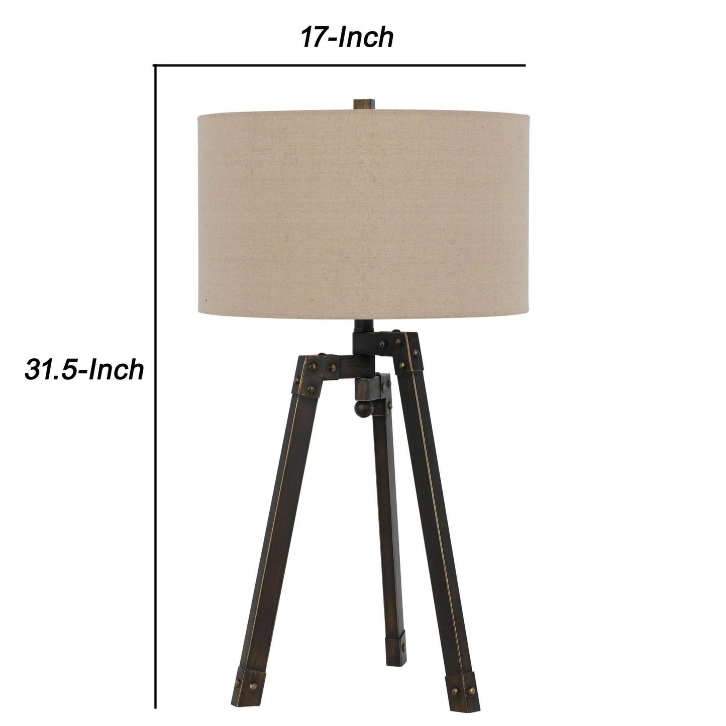 Metal Tripod Base Table Lamp With Fabric Drum Shade, Bronze And Beige By Benzara | Table Lamps |  Modishstore  - 2