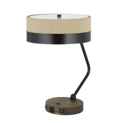 Metal Lined Fabric Shade Desk Lamp With Wooden Base, Beige And Black By Benzara