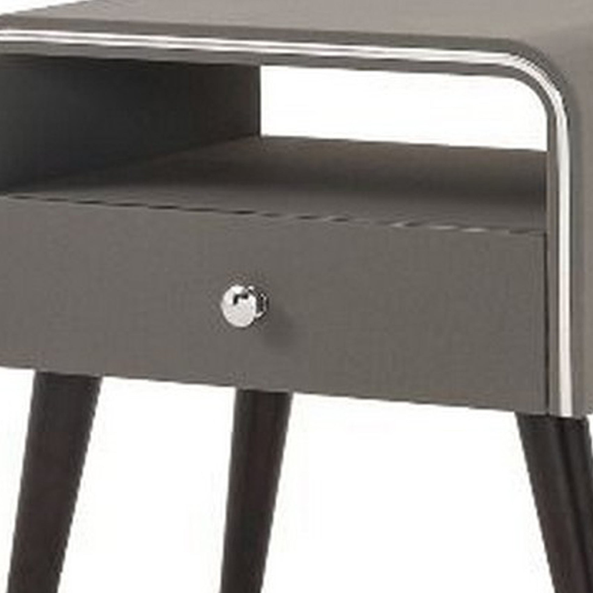 Curved Edge 1 Drawer Nightstand With Chrome Trim Gray And Brown By Benzara | Nightstands | Modishstore - 3