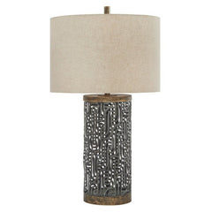 150 Watt Metal Body Table  Lamp With Network Design Gray And Beige By Benzara