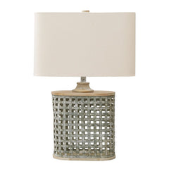 Metal Table Lamp With Lattice Design Body And Hardback ShadeGray And Beige By Benzara