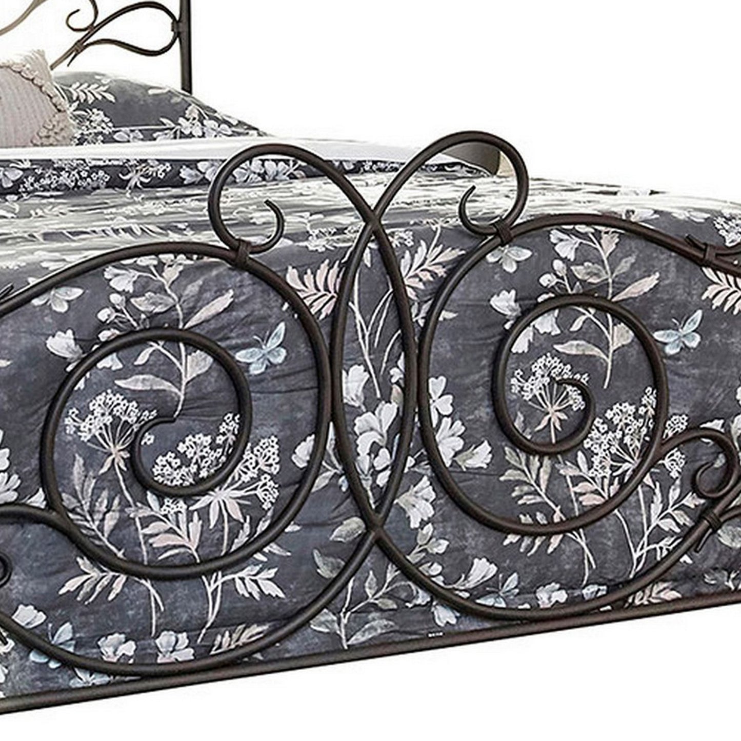 Open Frame Scroll Design Metal Queen Bed Dark Bronze By Benzara | Beds | Modishstore - 2