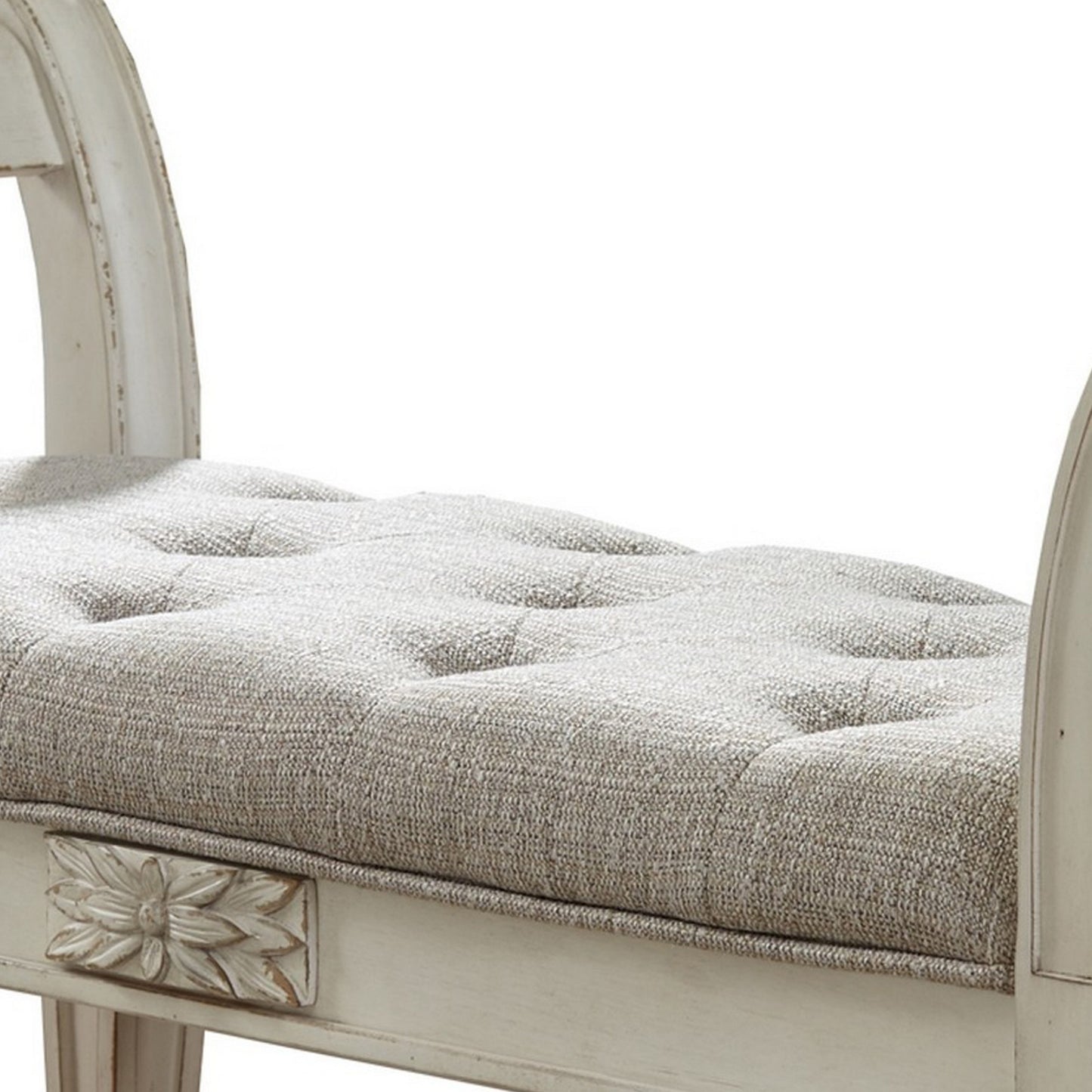 46 Inches Tufted Fabric Padded Wooden Accent Bench Antique White By Benzara | Benches | Modishstore - 4