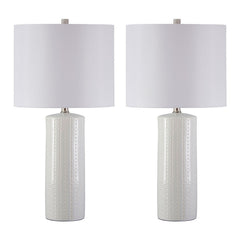 Carved Ceramic Base Table Lamp With Drum Shade Set Of 2 White By Benzara