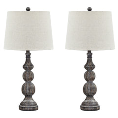 Polyresin Table Lamp With Turned Base Set Of 2 Brown And Off White By Benzara