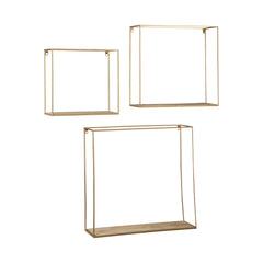 Metal Frame Wall Shelf With Keyhole Hanger Set Of 3 Gold By Benzara