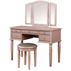 Vanity Set With Turned Tapered Legs And Three Piece Mirror, Rose Gold By Benzara